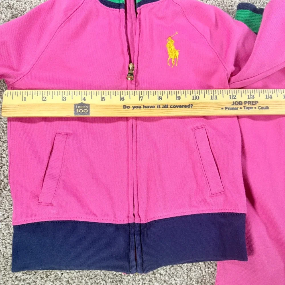 Ralph Lauren Girls Pink Navy Tracksuit Set Jacket Flare Pants 4 4T Sporty Preppy